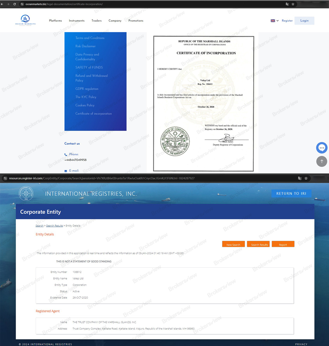 Ocean Markets claims to be operated by Valep Ltd, an IRI-registered company