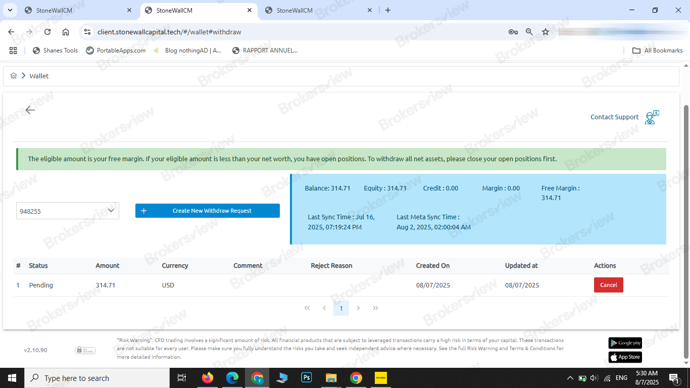 The client's withdrawl has been pending